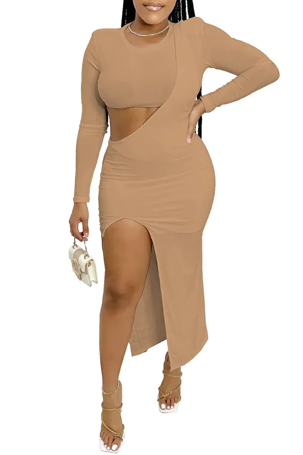 MB FASHION Two-Piece Crop Top and Maxi Skirt Set with Thigh Slit 8258R