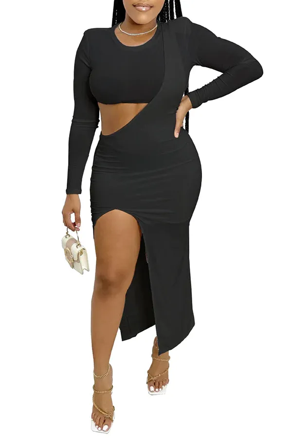 MB FASHION Two-Piece Crop Top and Maxi Skirt Set with Thigh Slit 8258R