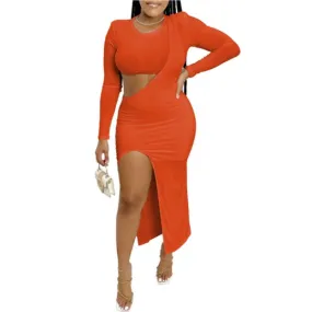 MB FASHION Two-Piece Crop Top and Maxi Skirt Set with Thigh Slit 8258R