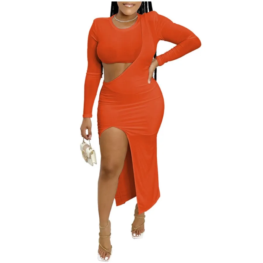 MB FASHION Two-Piece Crop Top and Maxi Skirt Set with Thigh Slit 8258R