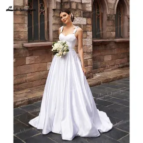 NumberSea A-Line/Princess Soft Satin Wedding Dresses Low Sweetheart Neck Ruffles Straps Sleeveless Sweep/Brush Train Simple Bride Gown
