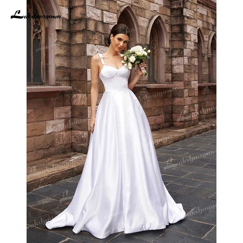 NumberSea A-Line/Princess Soft Satin Wedding Dresses Low Sweetheart Neck Ruffles Straps Sleeveless Sweep/Brush Train Simple Bride Gown