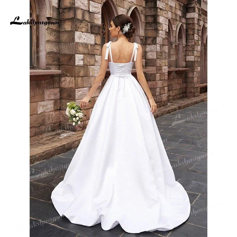 NumberSea A-Line/Princess Soft Satin Wedding Dresses Low Sweetheart Neck Ruffles Straps Sleeveless Sweep/Brush Train Simple Bride Gown