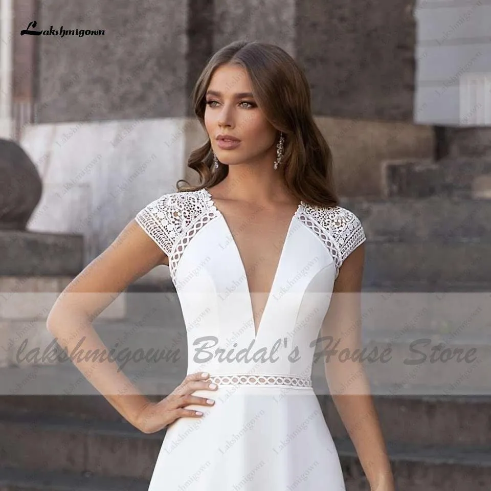 NumberSea Abiti Donna Modest Bridal A Line Wedding Dress Summer 2021 Simple V-neck Backless Beach Wedding Dresses Long Train Lakshmigown