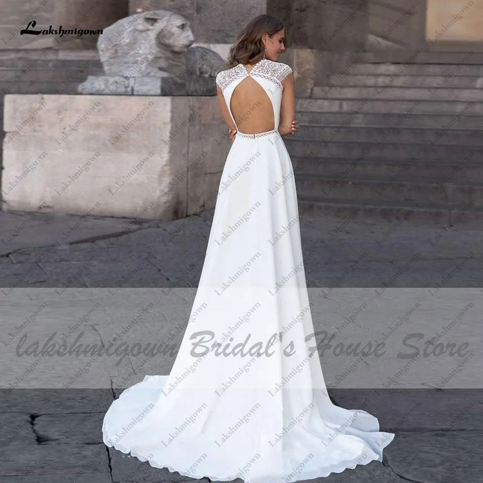 NumberSea Abiti Donna Modest Bridal A Line Wedding Dress Summer 2021 Simple V-neck Backless Beach Wedding Dresses Long Train Lakshmigown