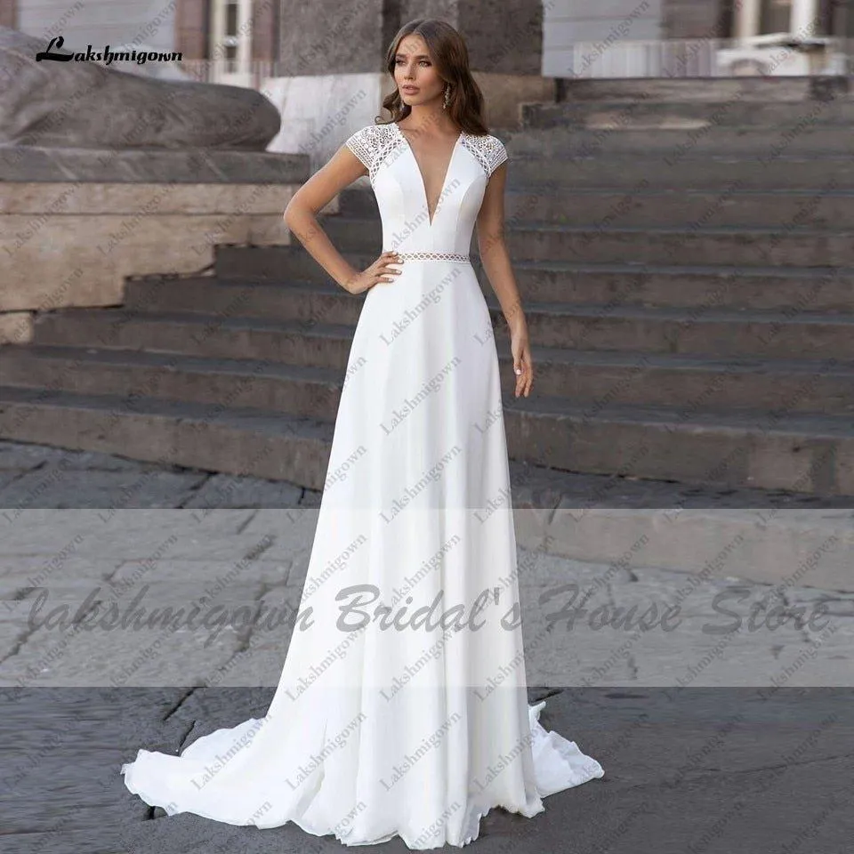 NumberSea Abiti Donna Modest Bridal A Line Wedding Dress Summer 2021 Simple V-neck Backless Beach Wedding Dresses Long Train Lakshmigown