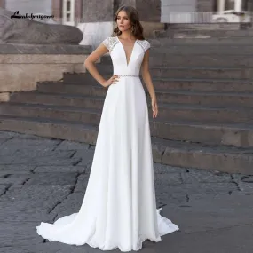 NumberSea Abiti Donna Modest Bridal A Line Wedding Dress Summer 2021 Simple V-neck Backless Beach Wedding Dresses Long Train Lakshmigown