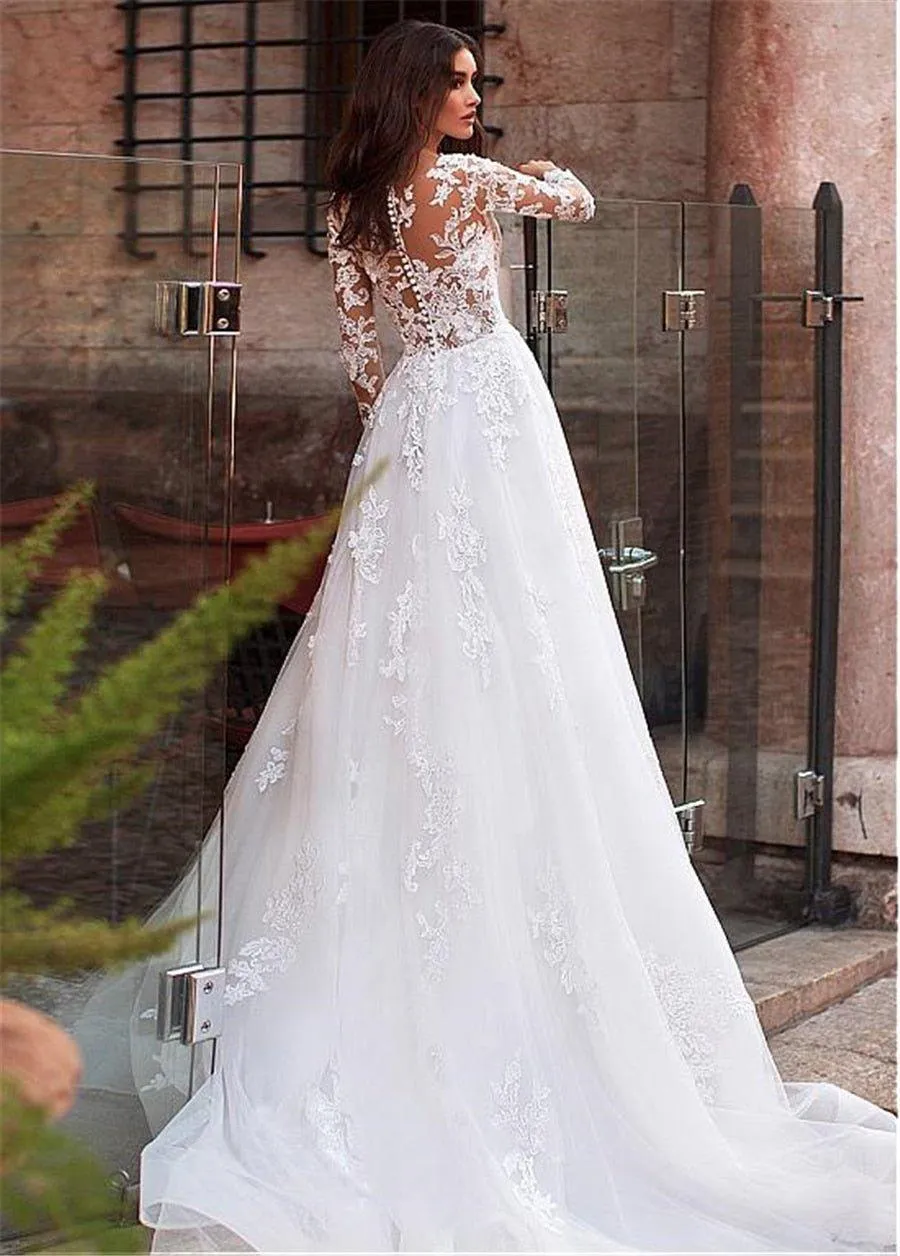 NumberSea Attractive Tulle Jewel Neckline See-through Bodice A-line Wedding Dress With Lace Appliques & Beadings Long Sleeves Bridal Dress