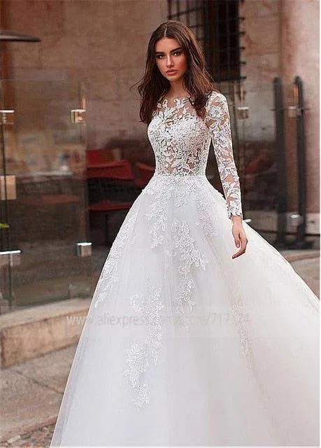 NumberSea Attractive Tulle Jewel Neckline See-through Bodice A-line Wedding Dress With Lace Appliques & Beadings Long Sleeves Bridal Dress