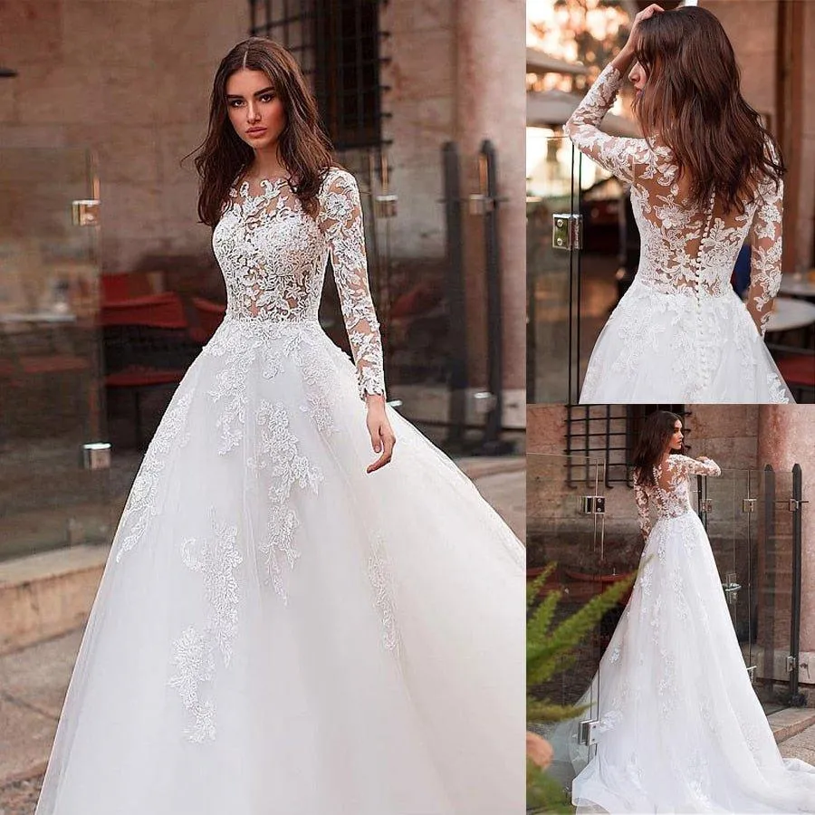 NumberSea Attractive Tulle Jewel Neckline See-through Bodice A-line Wedding Dress With Lace Appliques & Beadings Long Sleeves Bridal Dress