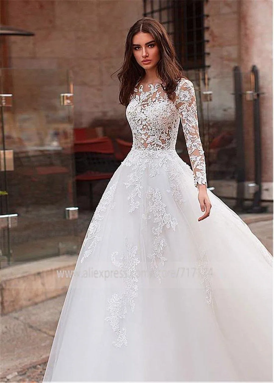 NumberSea Attractive Tulle Jewel Neckline See-through Bodice A-line Wedding Dress With Lace Appliques & Beadings Long Sleeves Bridal Dress