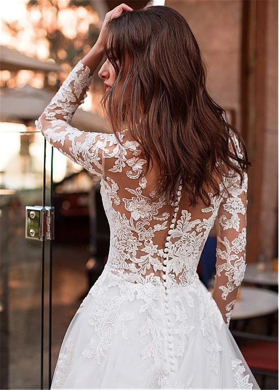 NumberSea Attractive Tulle Jewel Neckline See-through Bodice A-line Wedding Dress With Lace Appliques & Beadings Long Sleeves Bridal Dress