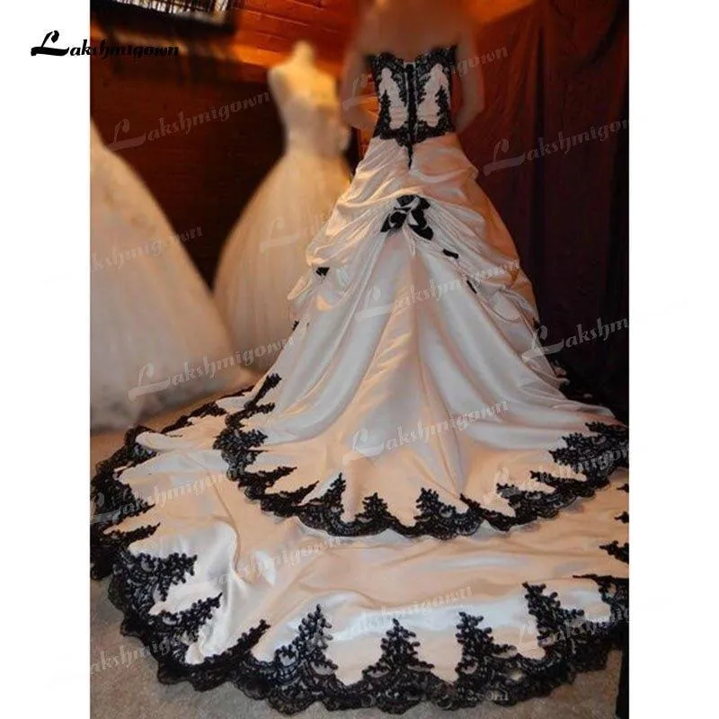 NumberSea Black and White Wedding Dresses 2021 Gothic Lace Applique Tiered Bridal Dress Long Train Lace Up Satin Halloween Bridal 1920's