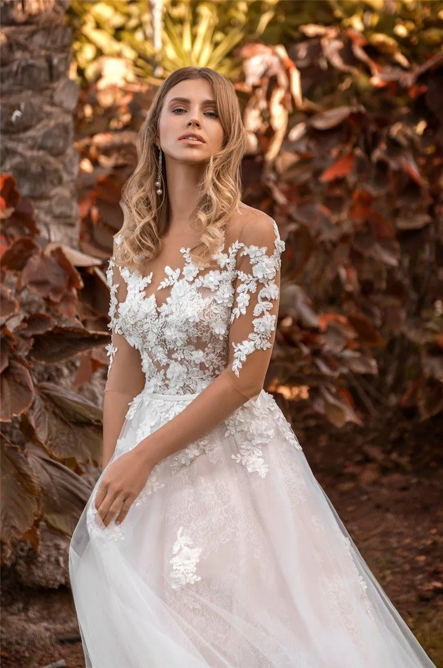 NumberSea Bohemian Boho Sleeves Wedding Dress Ivory Blush Light 3d Lace Flower Tulle Skirt Half Sleeve Embroidered Illusion Bridal gowns