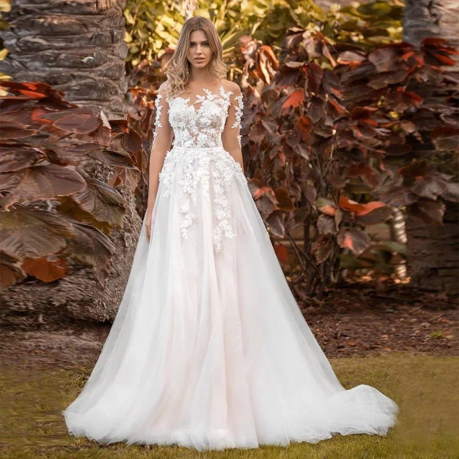 NumberSea Bohemian Boho Sleeves Wedding Dress Ivory Blush Light 3d Lace Flower Tulle Skirt Half Sleeve Embroidered Illusion Bridal gowns