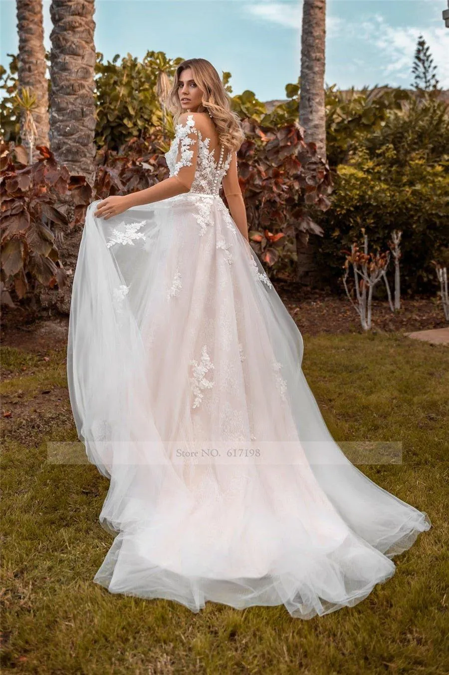 NumberSea Bohemian Boho Sleeves Wedding Dress Ivory Blush Light 3d Lace Flower Tulle Skirt Half Sleeve Embroidered Illusion Bridal gowns