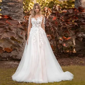 NumberSea Bohemian Boho Sleeves Wedding Dress Ivory Blush Light 3d Lace Flower Tulle Skirt Half Sleeve Embroidered Illusion Bridal gowns