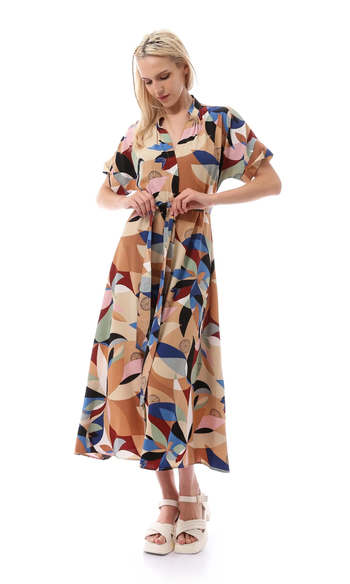 O168538 Deep V-Neck Beige & Dark Blue Midi Dress