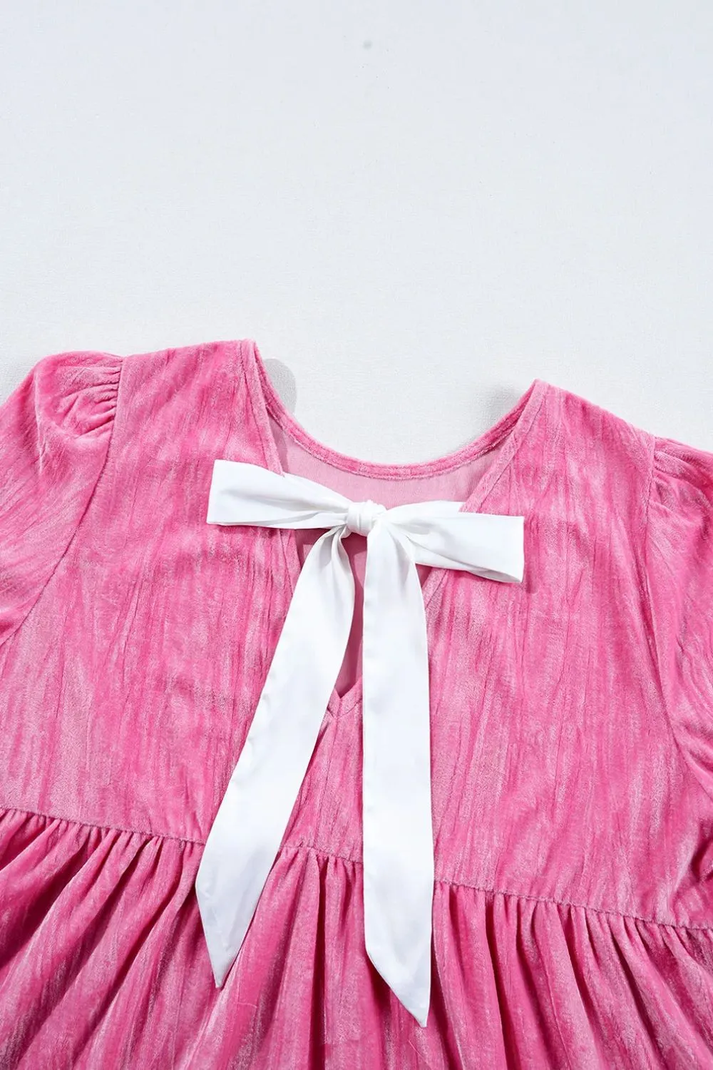 Pink Casual Long Sleeve Tied Round Neck Flounce Sleeve Mini Dress KESLEY