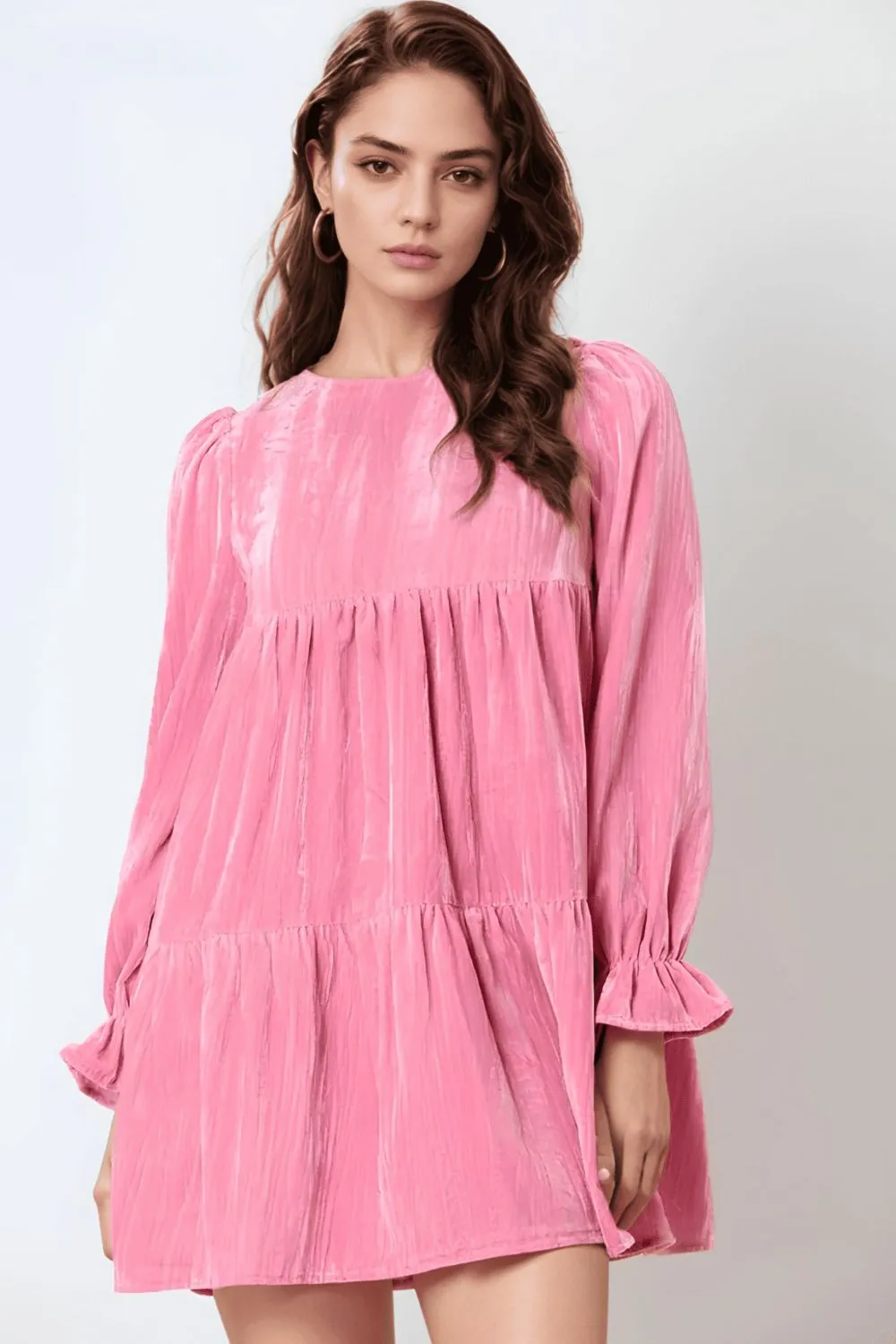 Pink Casual Long Sleeve Tied Round Neck Flounce Sleeve Mini Dress KESLEY