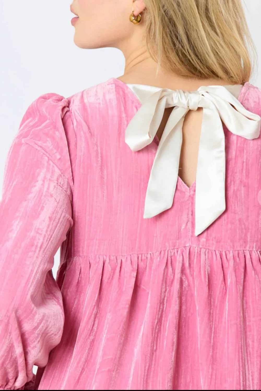 Pink Casual Long Sleeve Tied Round Neck Flounce Sleeve Mini Dress KESLEY
