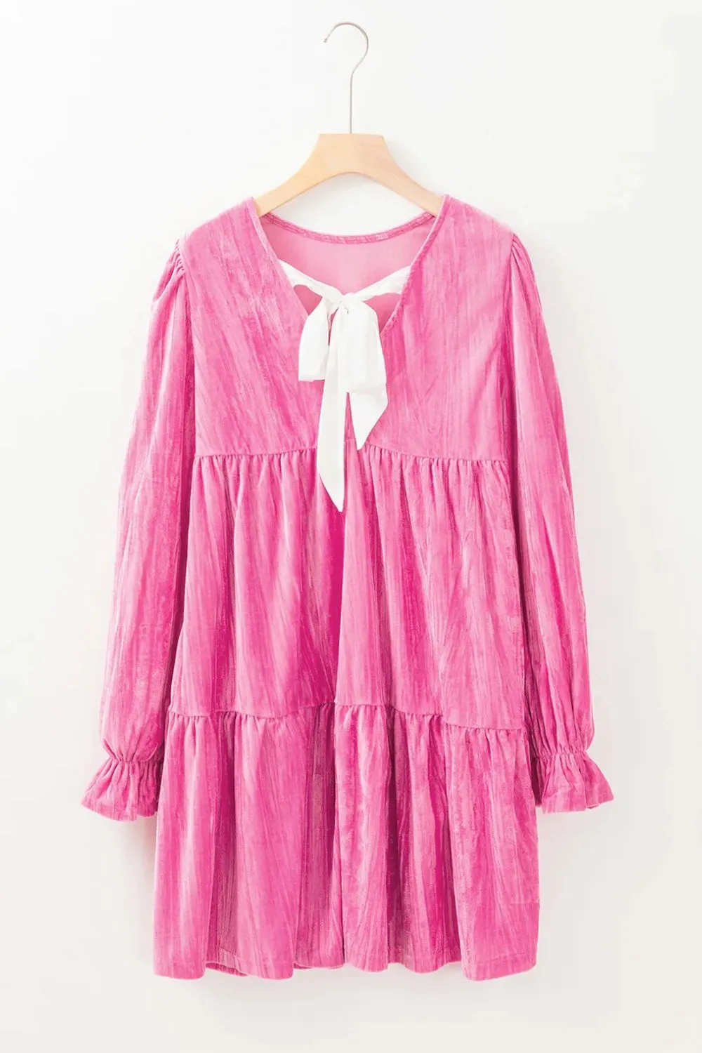 Pink Casual Long Sleeve Tied Round Neck Flounce Sleeve Mini Dress KESLEY