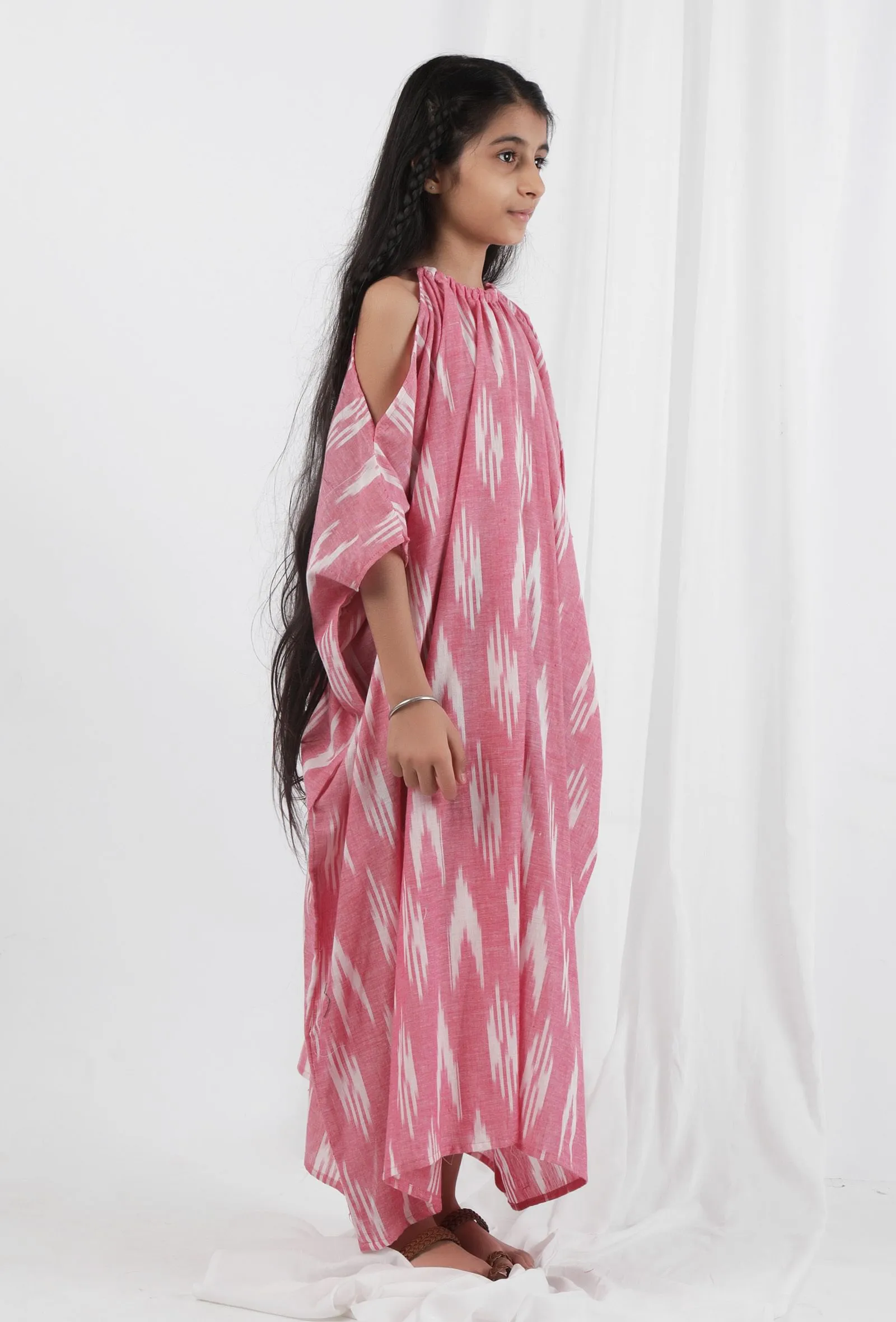 Pink Ikat Tie Up Kaftan Cotton Dress