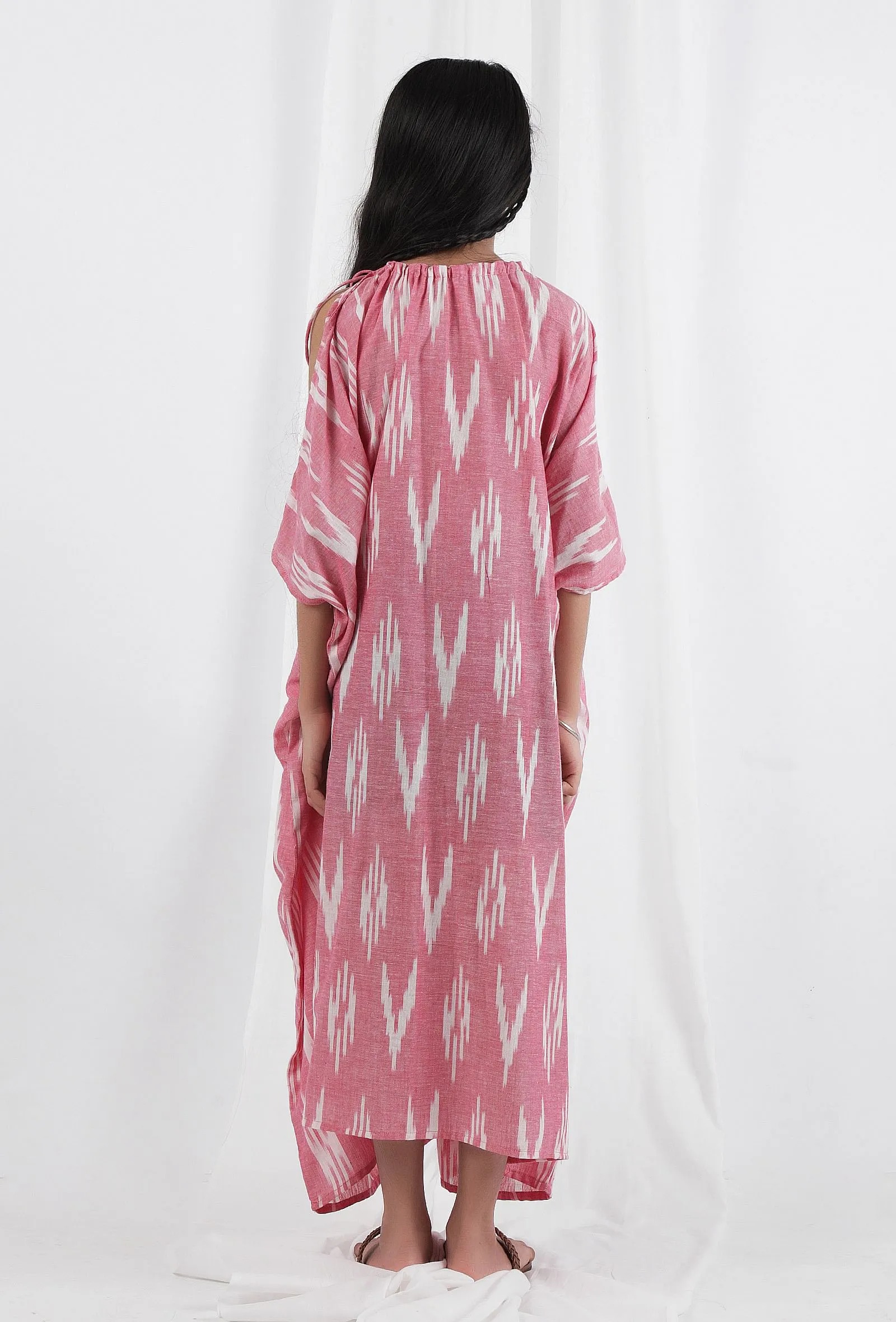 Pink Ikat Tie Up Kaftan Cotton Dress