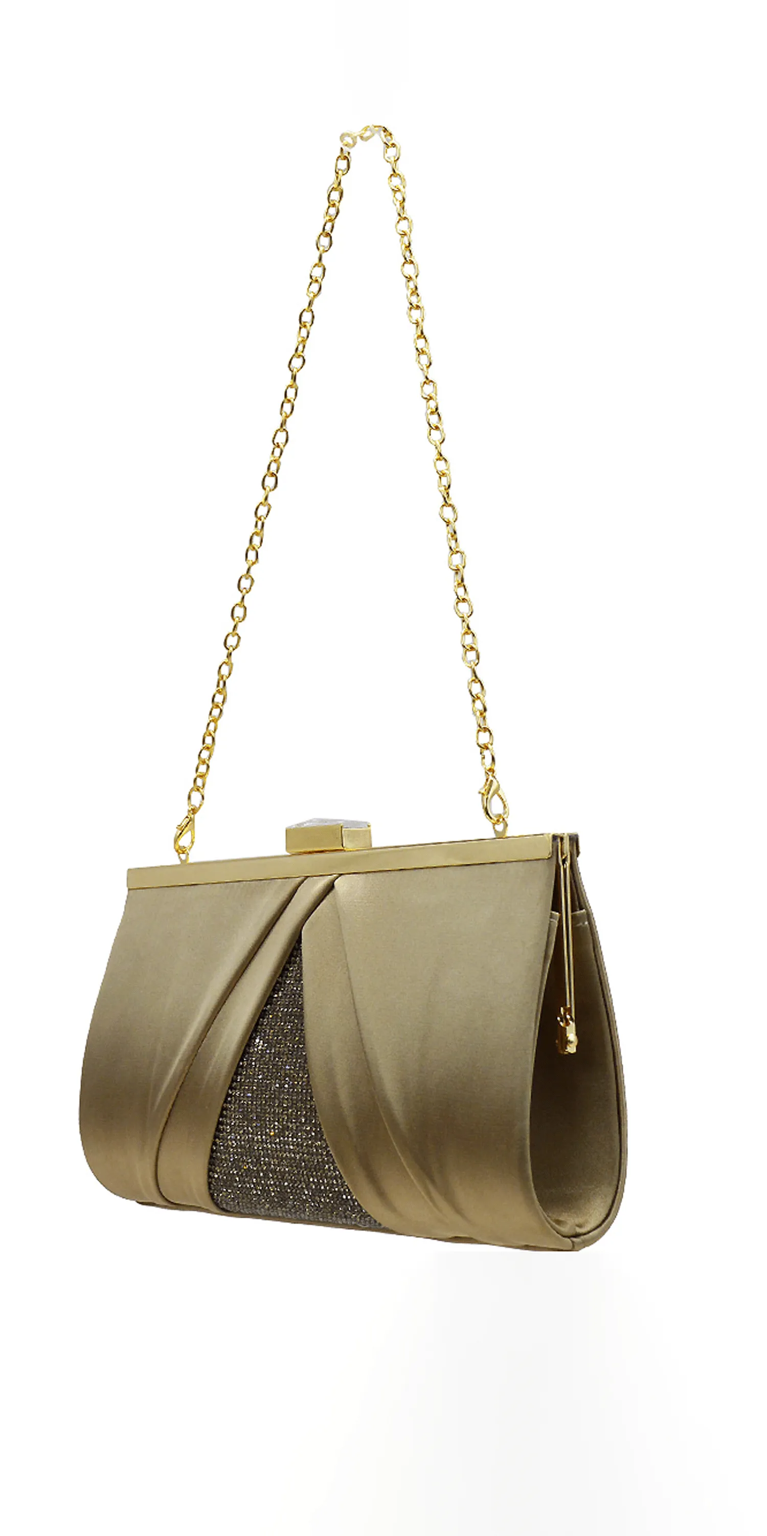 Pleated Satin Handbag with Rhinestone Detail