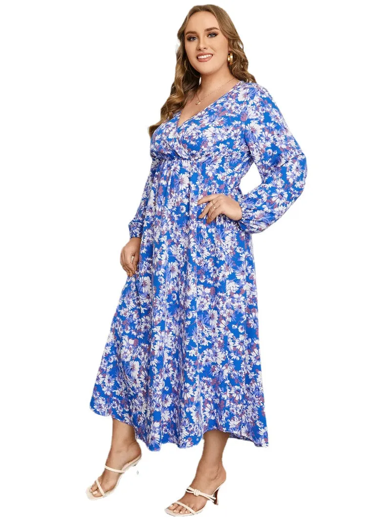 Plus Size V-neck Floral Print Crossed Front Design Dress