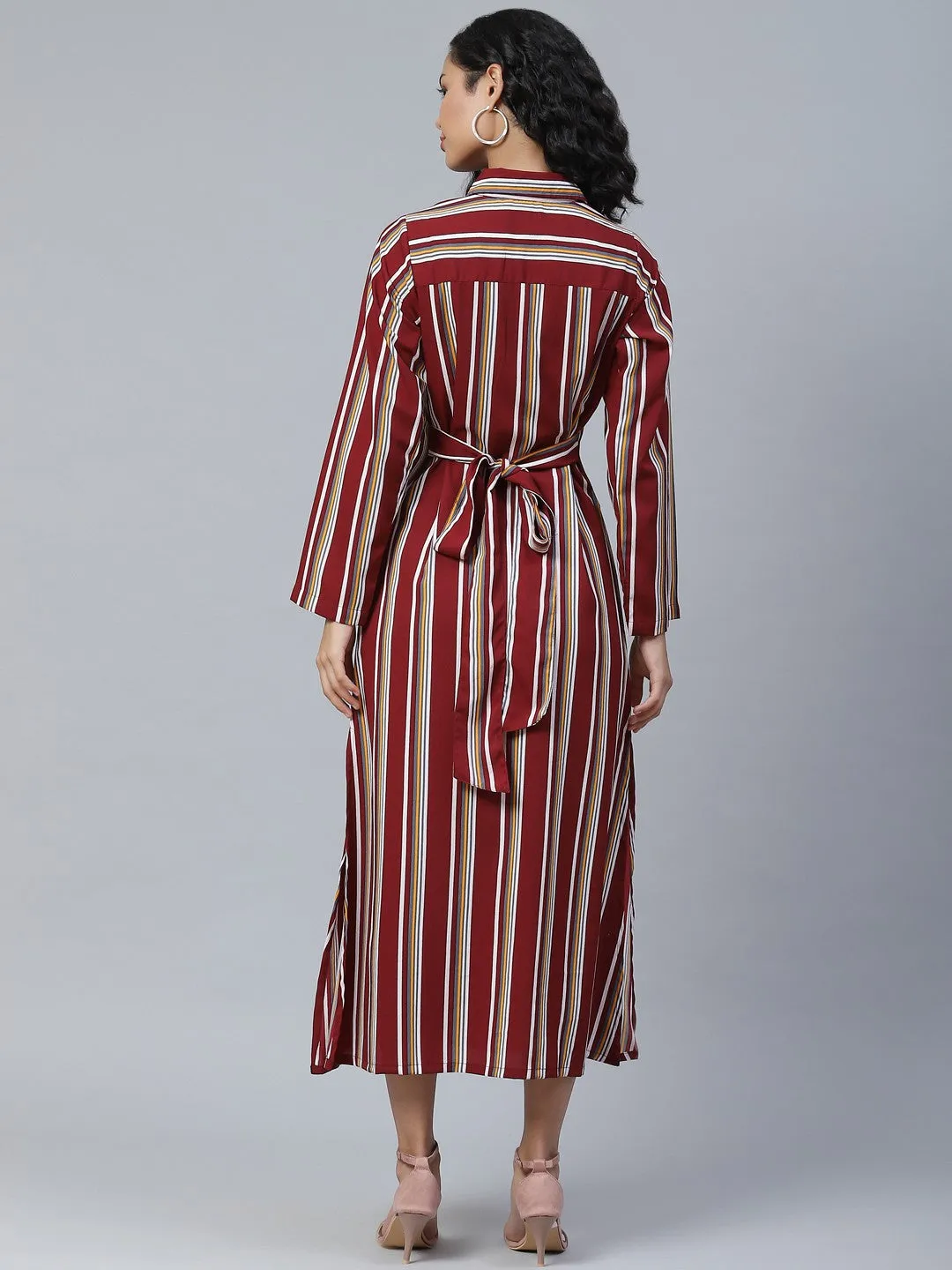 plusS Classy Maroon and Off-White Striped Shirt Dress