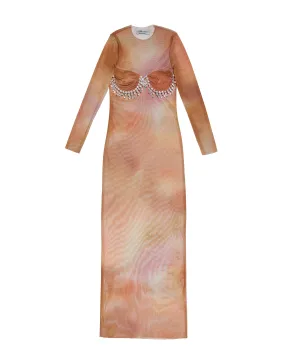 PRINTED LONG MESH DRESS WITH CRYSTAL DETAILS - milkwhite
