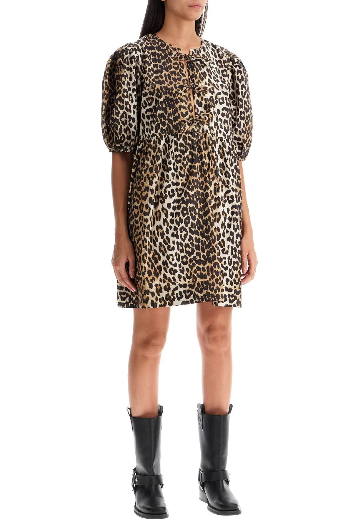 printed tie string poplin mini dress F9758 LEOPARD