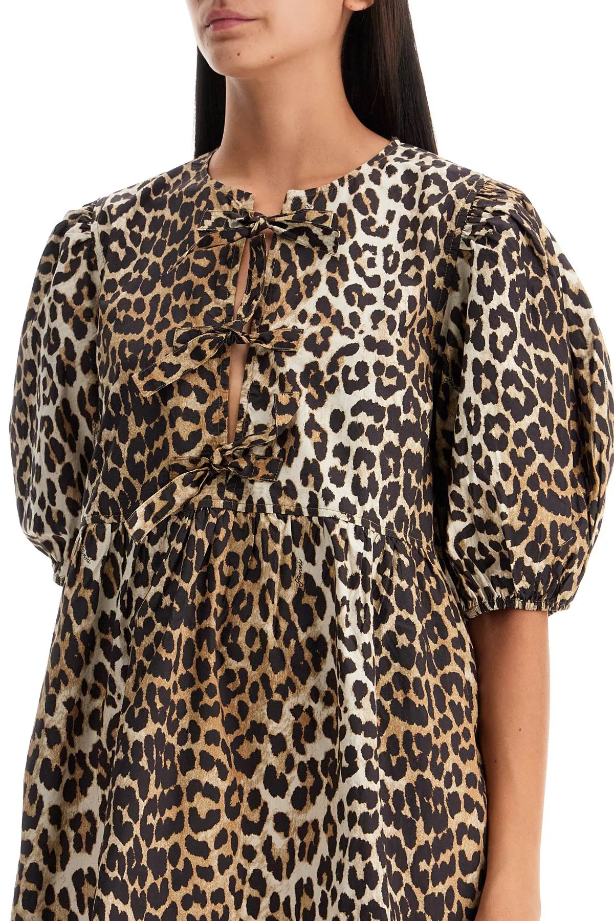 printed tie string poplin mini dress F9758 LEOPARD