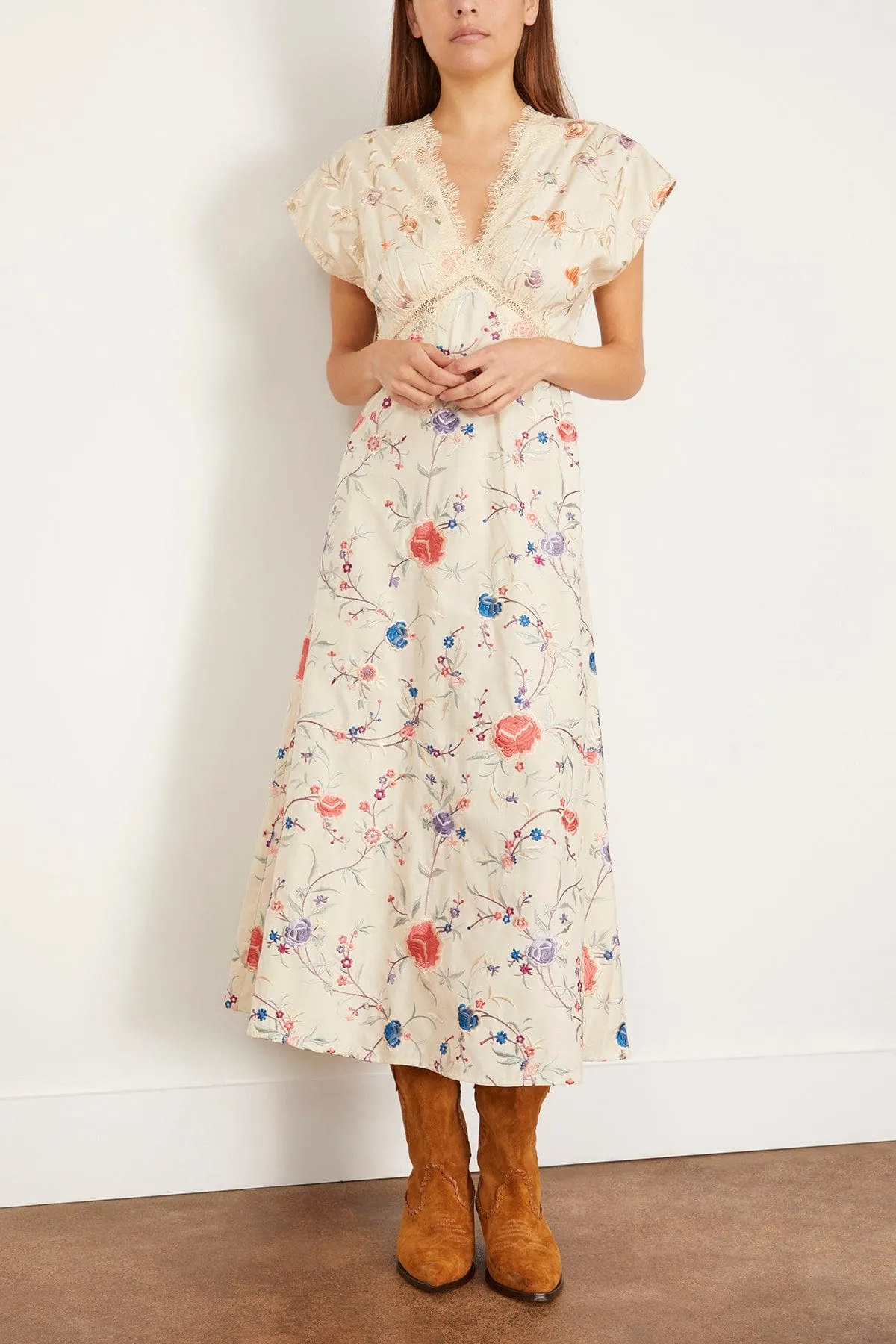 Priscilla Embroidery V-neck Maxi Dress in Cream