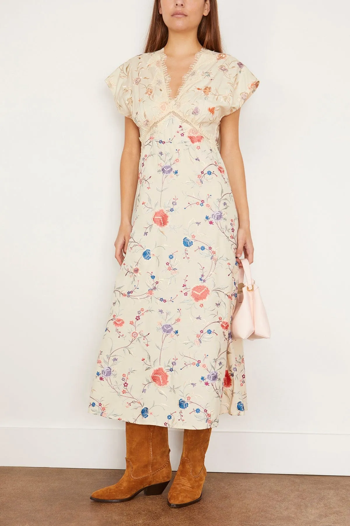 Priscilla Embroidery V-neck Maxi Dress in Cream