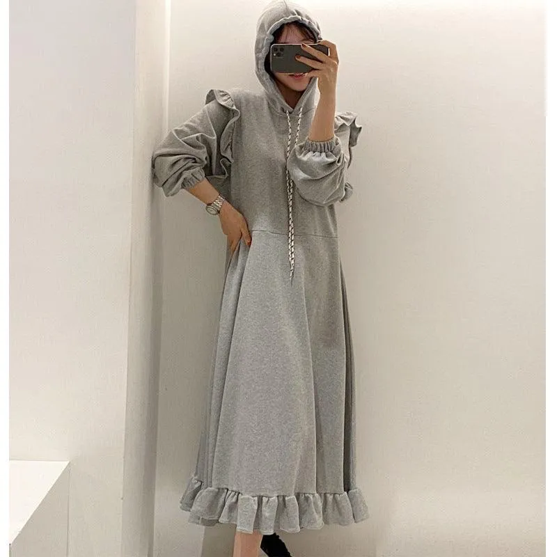 Pullover Dress Thickened Hooded Ruffled Long