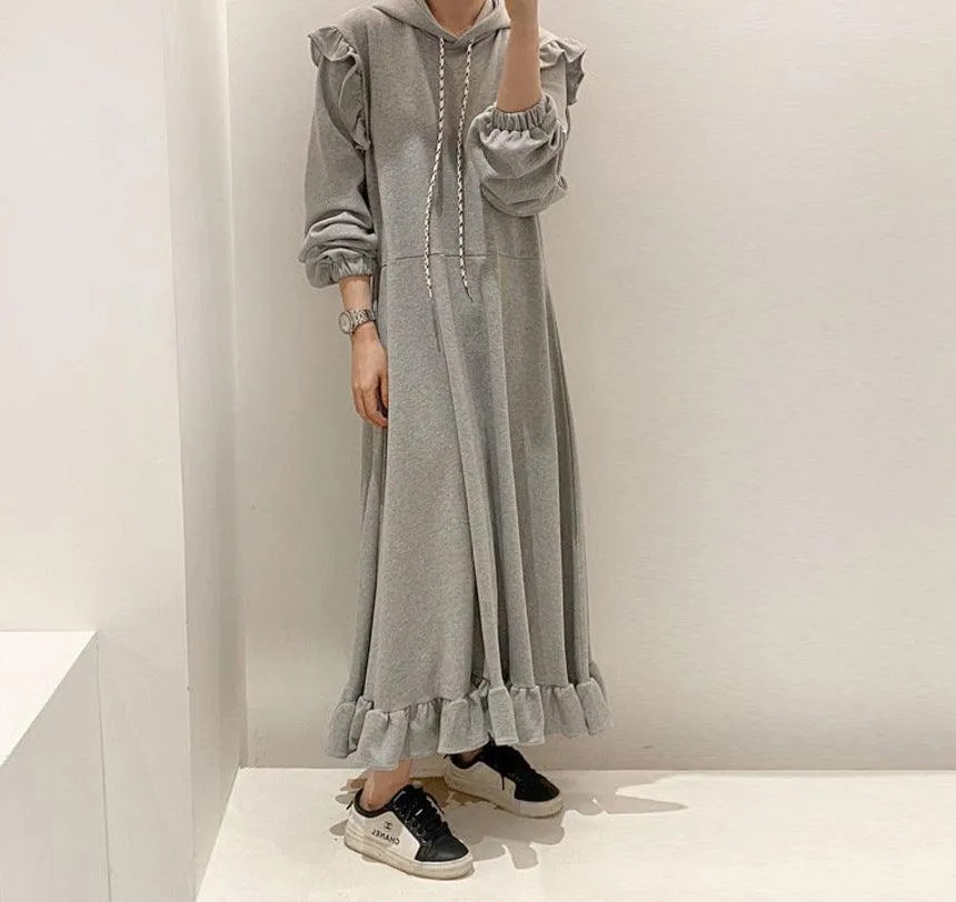 Pullover Dress Thickened Hooded Ruffled Long