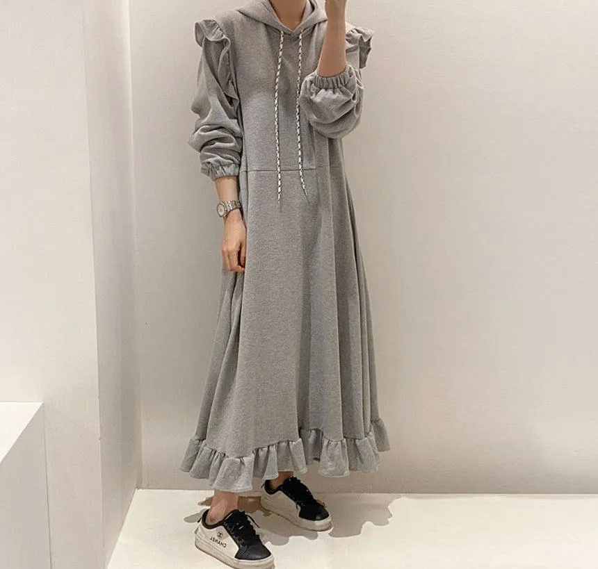 Pullover Dress Thickened Hooded Ruffled Long