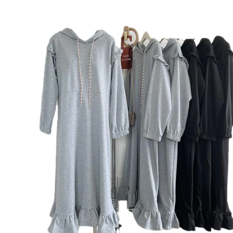 Pullover Dress Thickened Hooded Ruffled Long