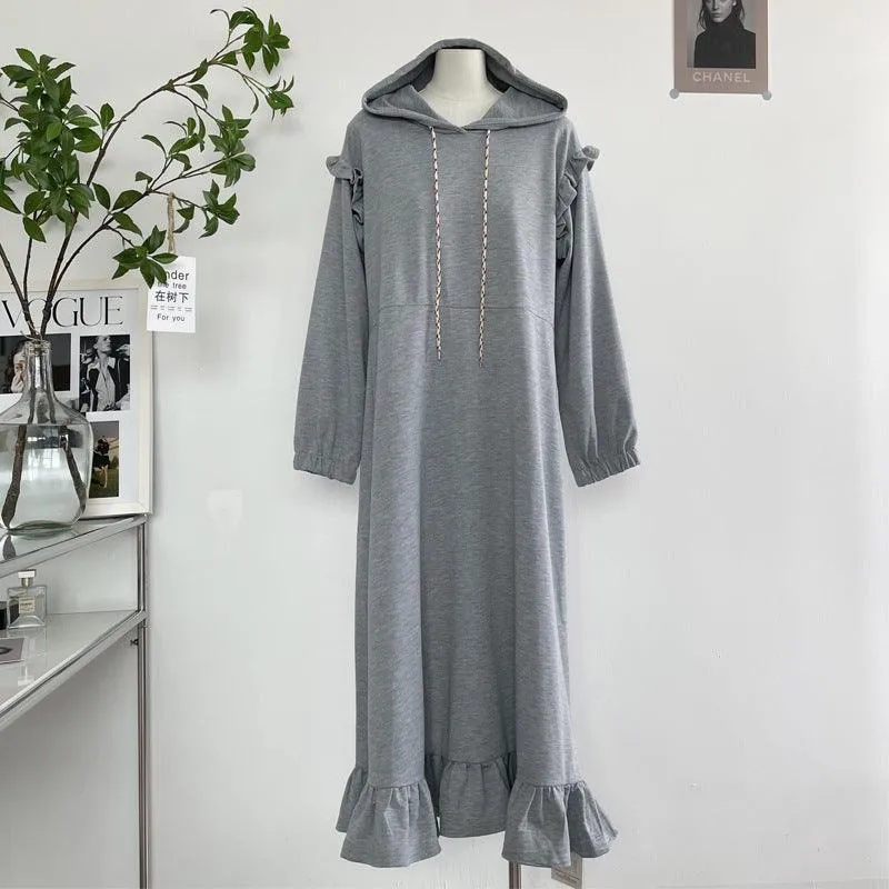 Pullover Dress Thickened Hooded Ruffled Long