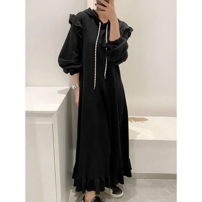 Pullover Dress Thickened Hooded Ruffled Long