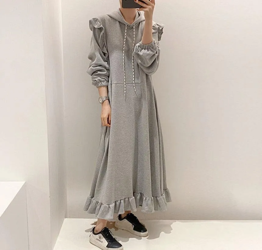 Pullover Dress Thickened Hooded Ruffled Long
