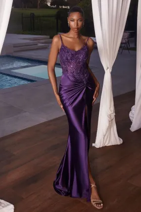 Purple Fitted Satin Gown With Embellished Bodice