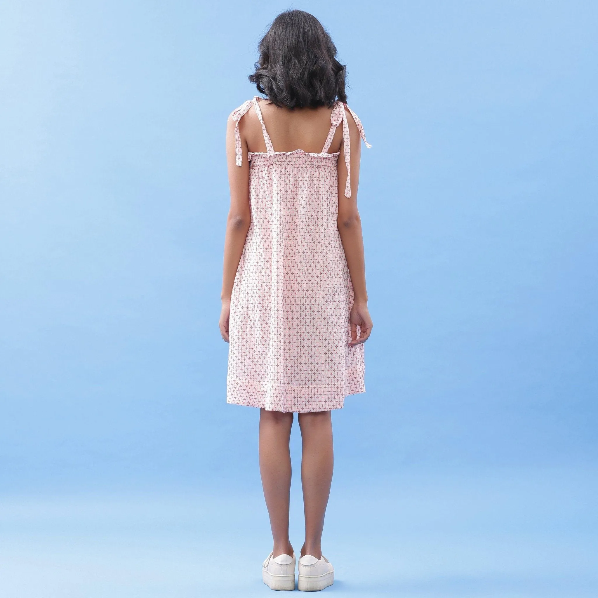 Red and White Geometric Crinkled Cotton A-Line Short Dress