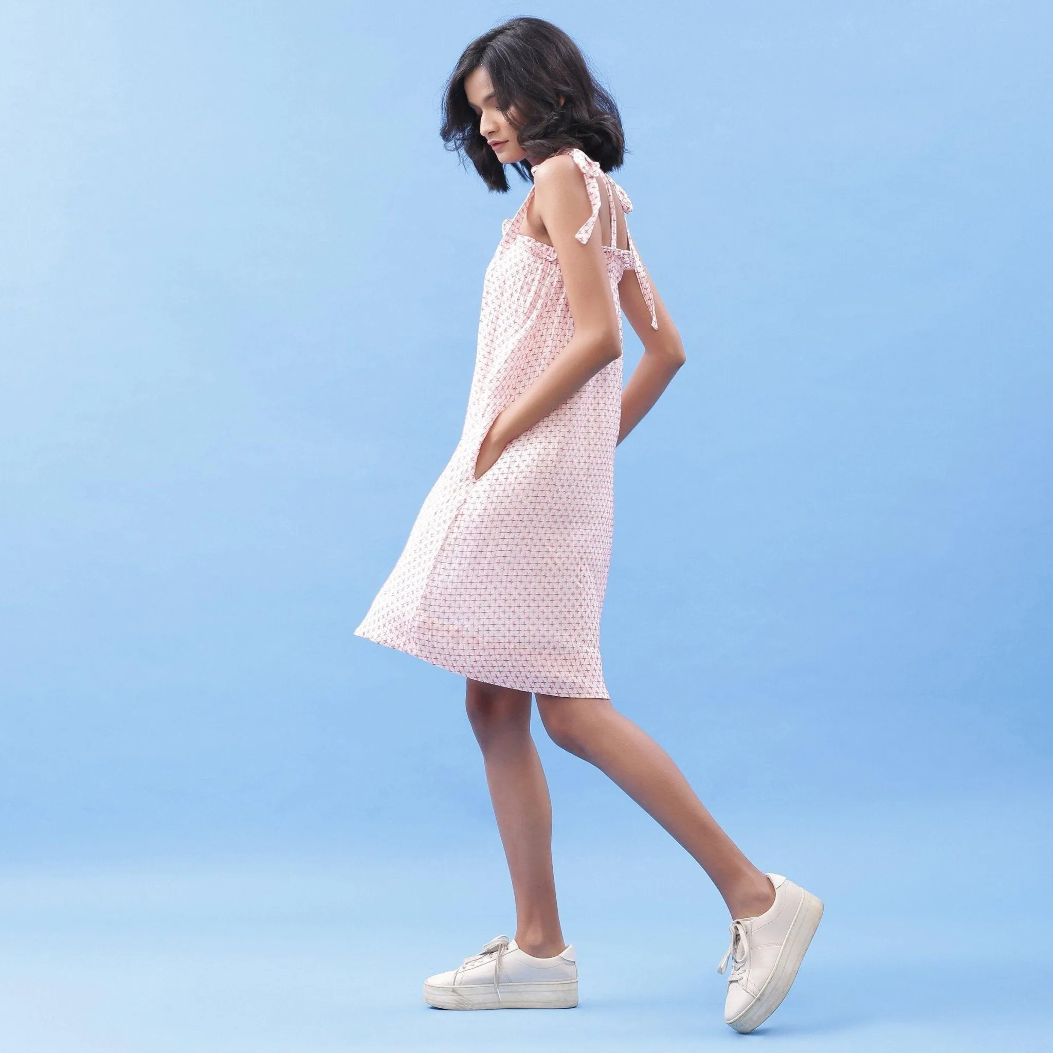 Red and White Geometric Crinkled Cotton A-Line Short Dress