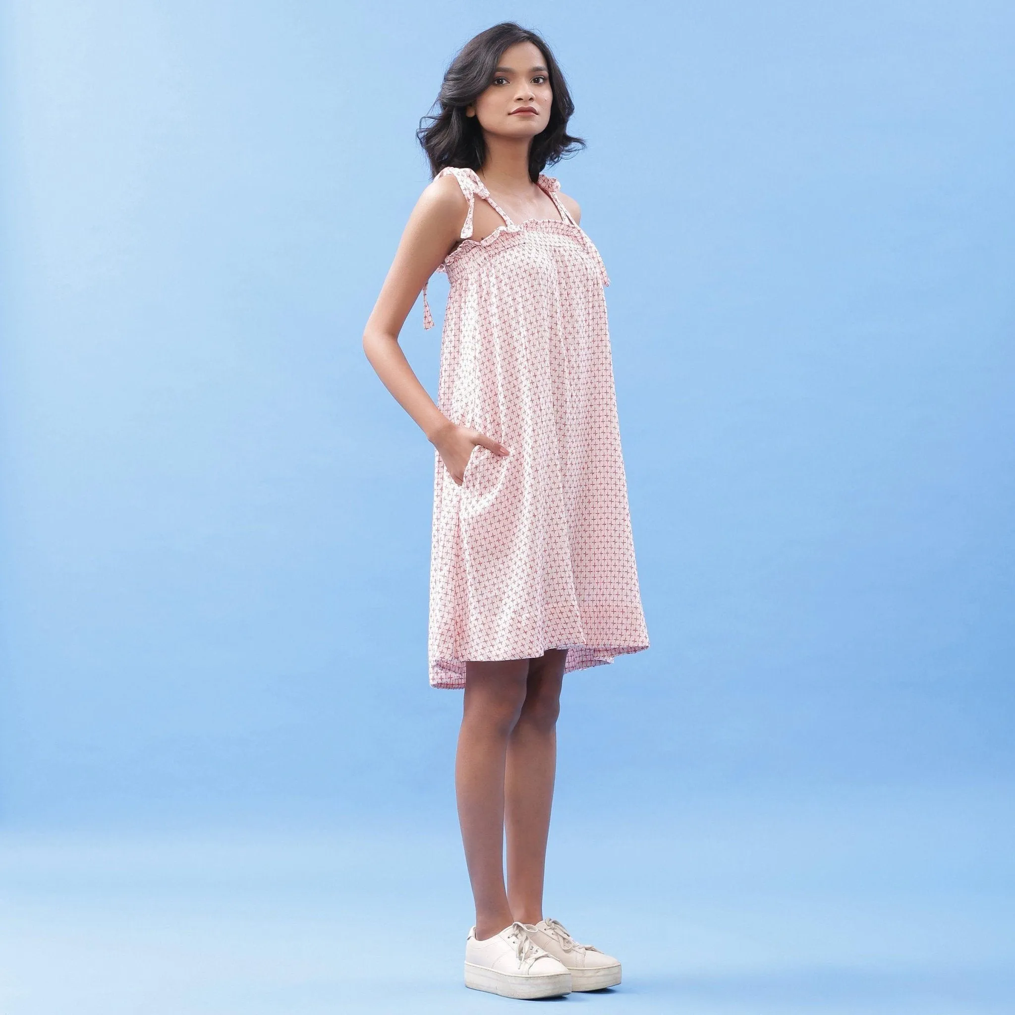 Red and White Geometric Crinkled Cotton A-Line Short Dress