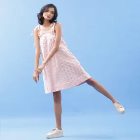 Red and White Geometric Crinkled Cotton A-Line Short Dress