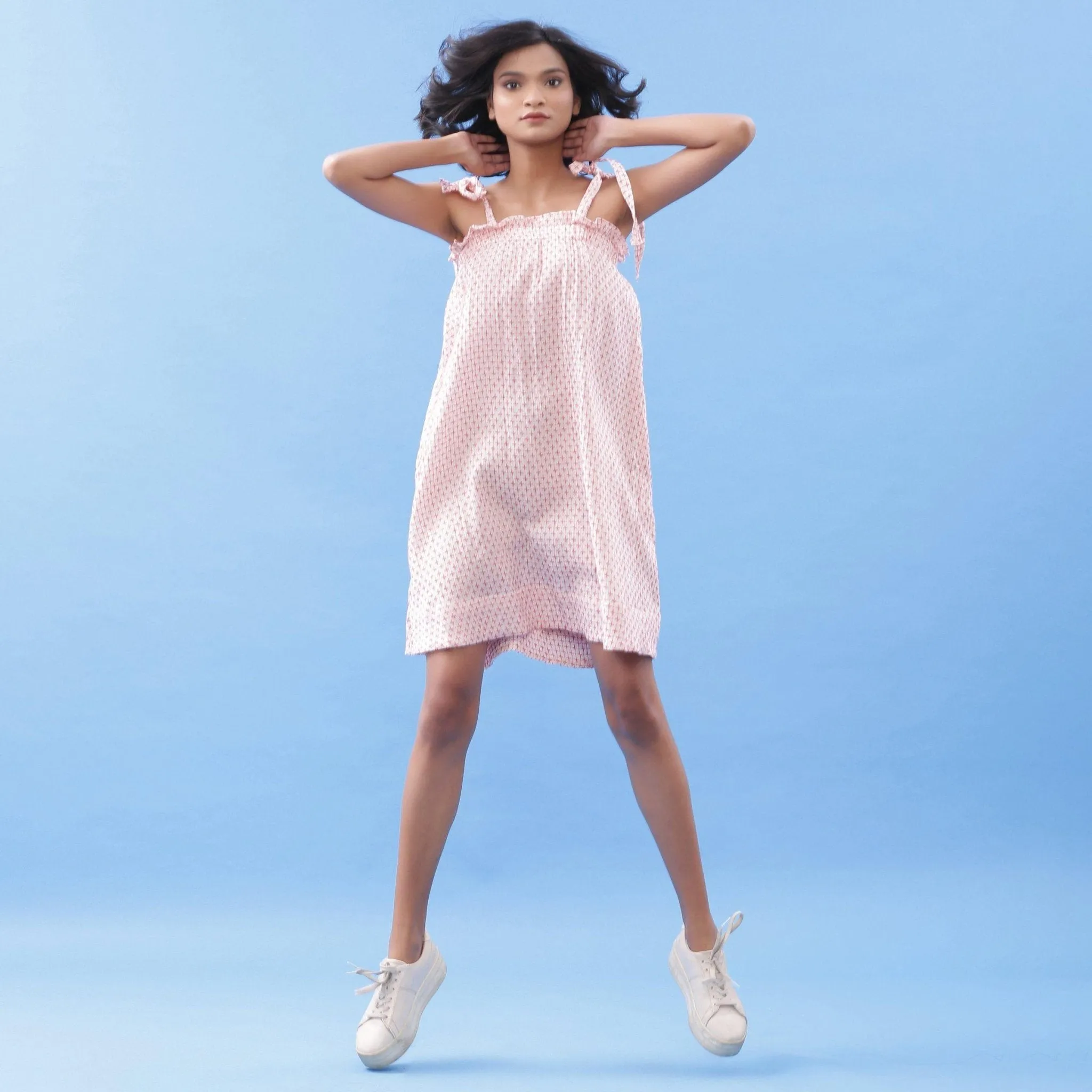 Red and White Geometric Crinkled Cotton A-Line Short Dress