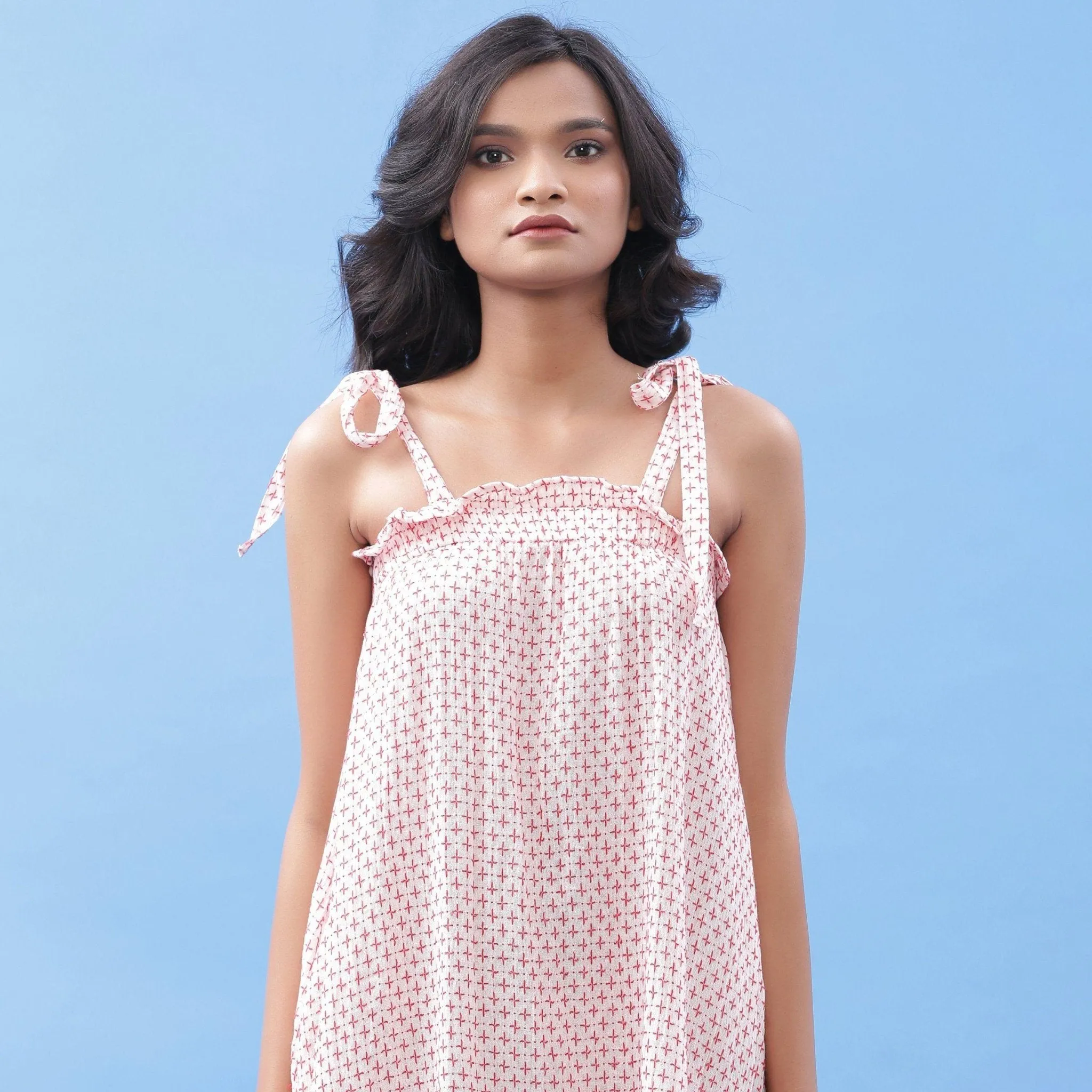 Red and White Geometric Crinkled Cotton A-Line Short Dress